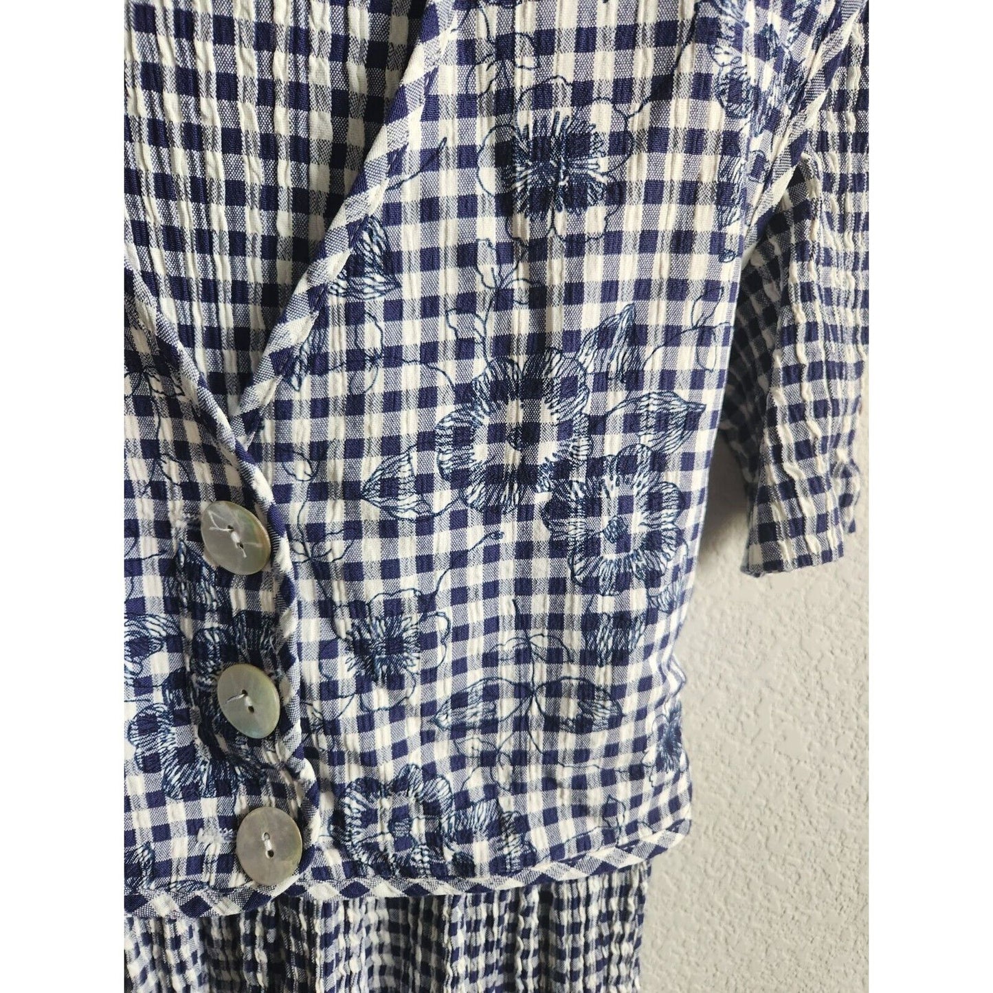 Vintage 1980s JBS Womens Sz M Blue Checkered Maxi Dress Embroidered Floral