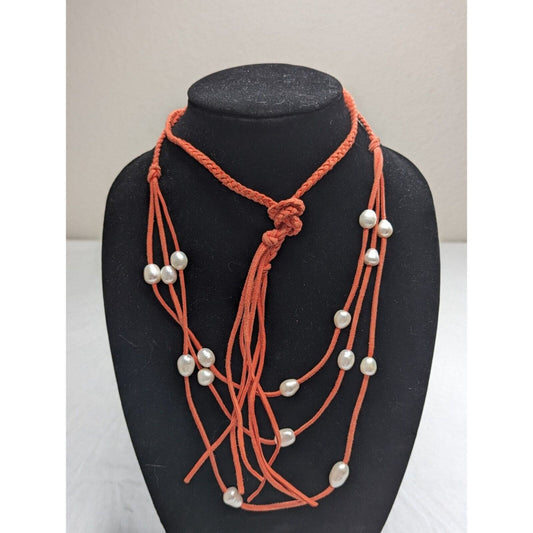 Vintage Coral Leather Rope Necklace Faux Pearl Beads Southwestern Boho