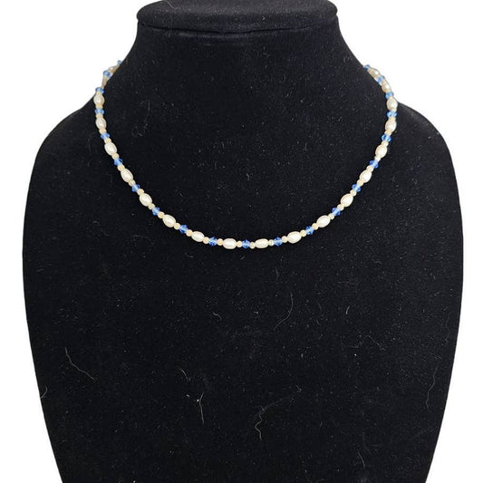 Vintage Y2K Single Strand Necklace Freshwater Pearl and Blue Rhinestones