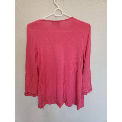 Rafaella Womens Sz S Long Sleeve T Shirt Blouse Embroidered Pink Tie Front