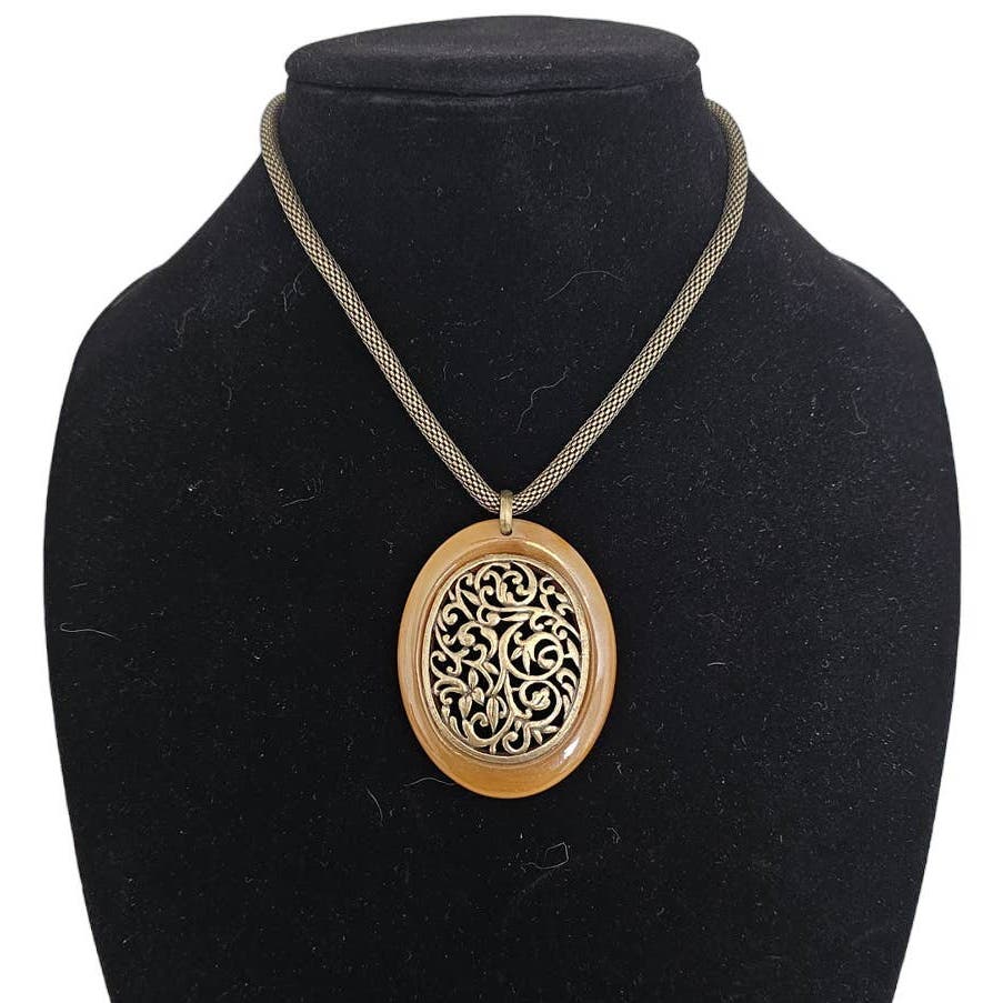 Vintage Mid Century Pendant Style Necklace Dark Gold Filigree Oval Stone