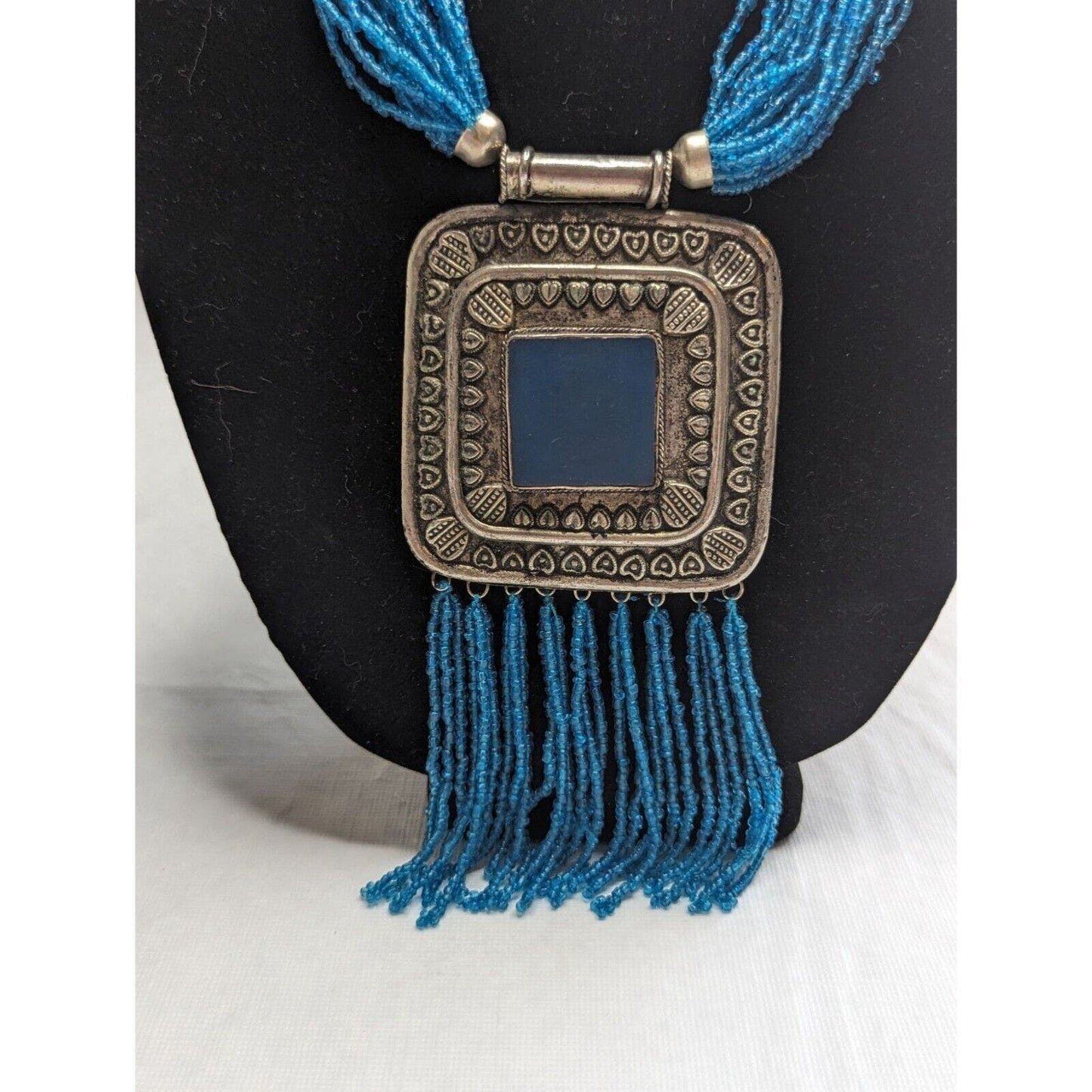 Vintage Elegant Seed Bead Layered Strand Necklace Blue Tassel Silver Pendant