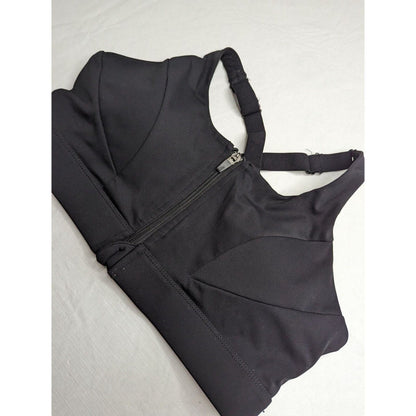 Womens Sz L Zip Front Sports Bra Solid Black Lightly Padded