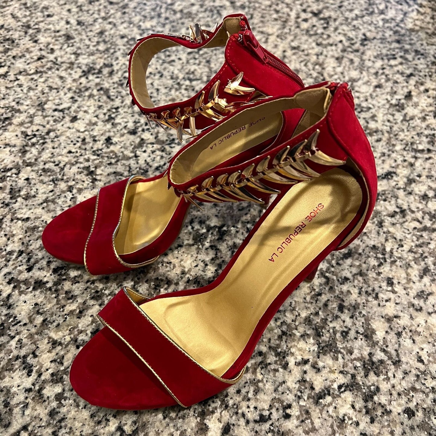 Shoe Republic LA Womens Sz 10 Red and Gold Trim High Heel Sandals Y2K Drag