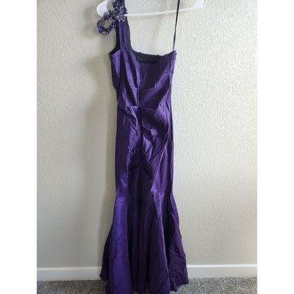 Xscape By Joanna Chen Purple Shinny Satin One Shoulder Evening Dress size 6