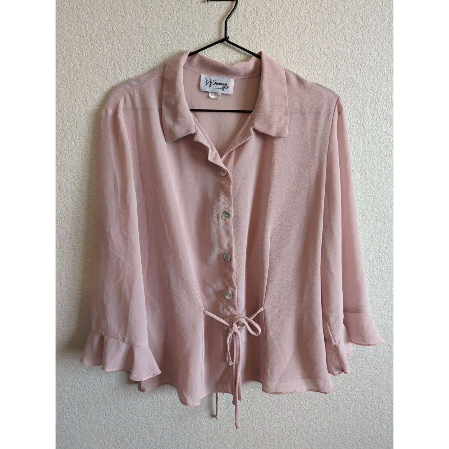 DJ Summers Womens Sz 10 Light Pink Semi Sheer Button Down Shirt Tie Front Vintag