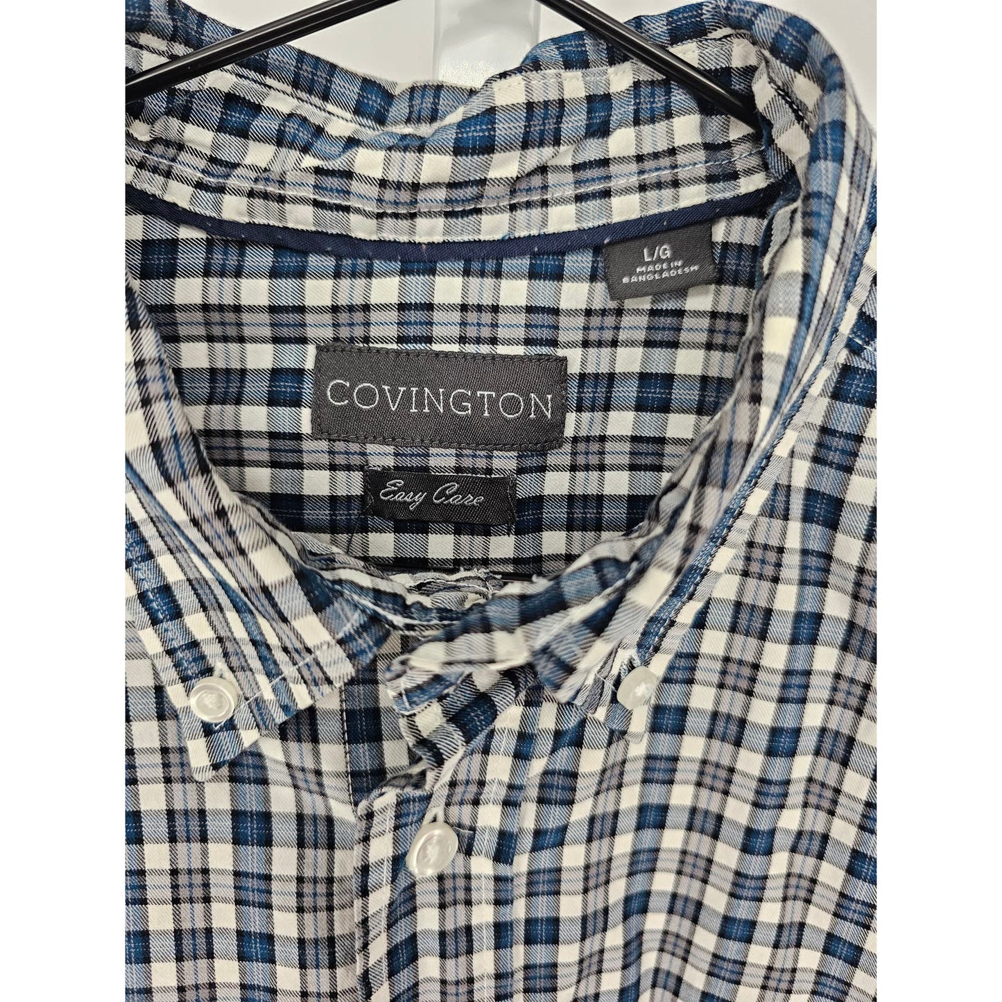 Covington Mens Sz L Long Sleeve Button Up Shirt Blue Cream Plaid Easy Care