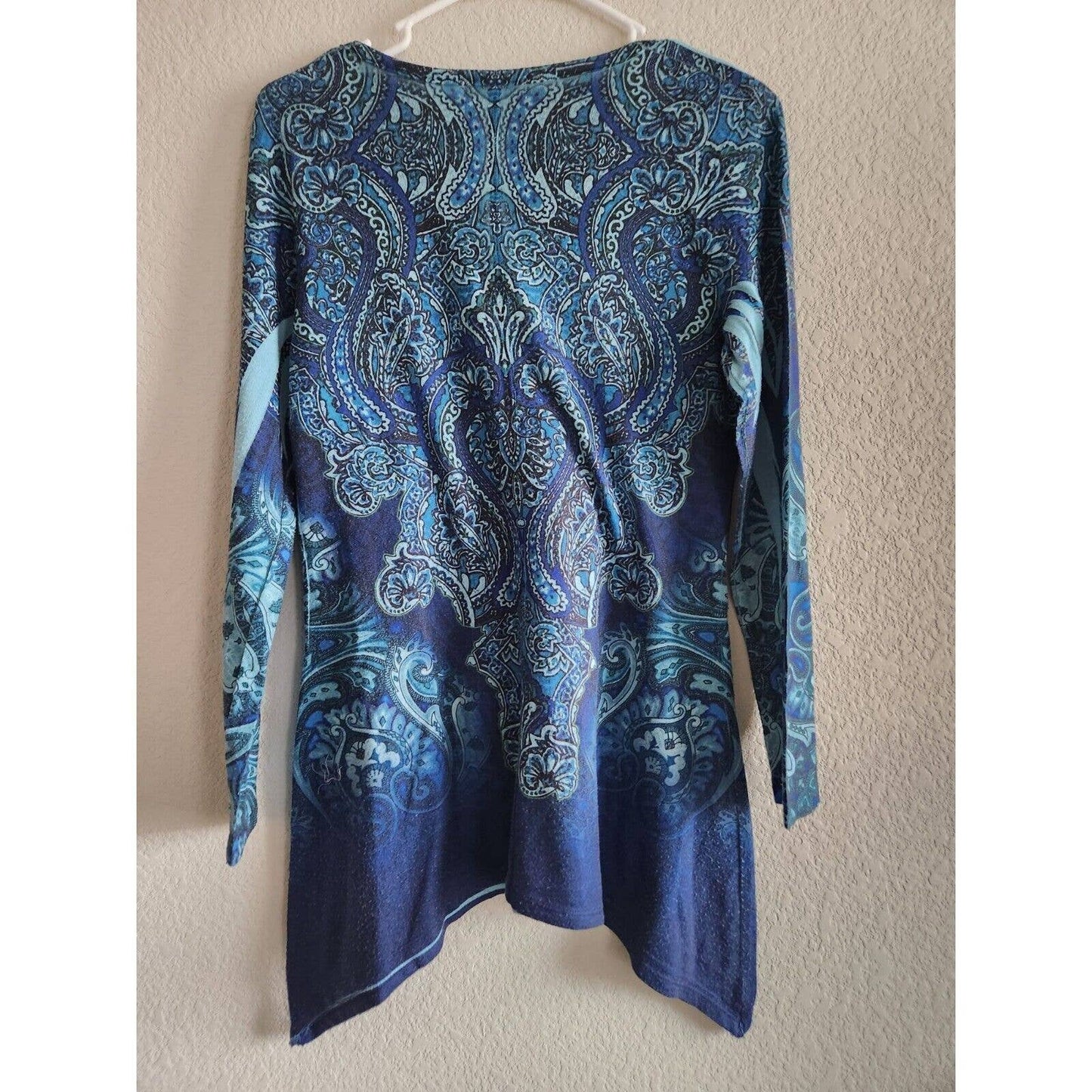 Vintage Dressbarn Womens Sz M Long Sleeve Tunic Top Blue Paisley Print