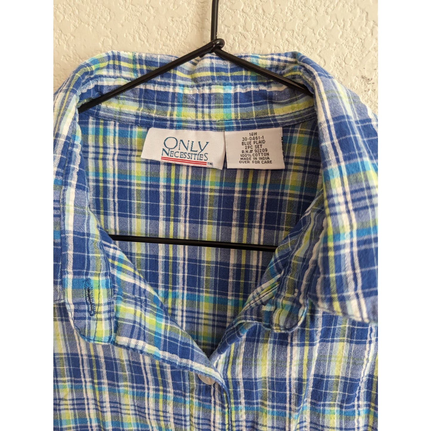 Only Necessities Womens Sz 14W Short Sleeve Button Front Plaid Shirt Blue Yellow