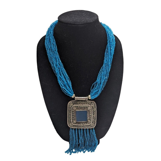 Vintage Elegant Seed Bead Layered Strand Necklace Blue Tassel Silver Pendant