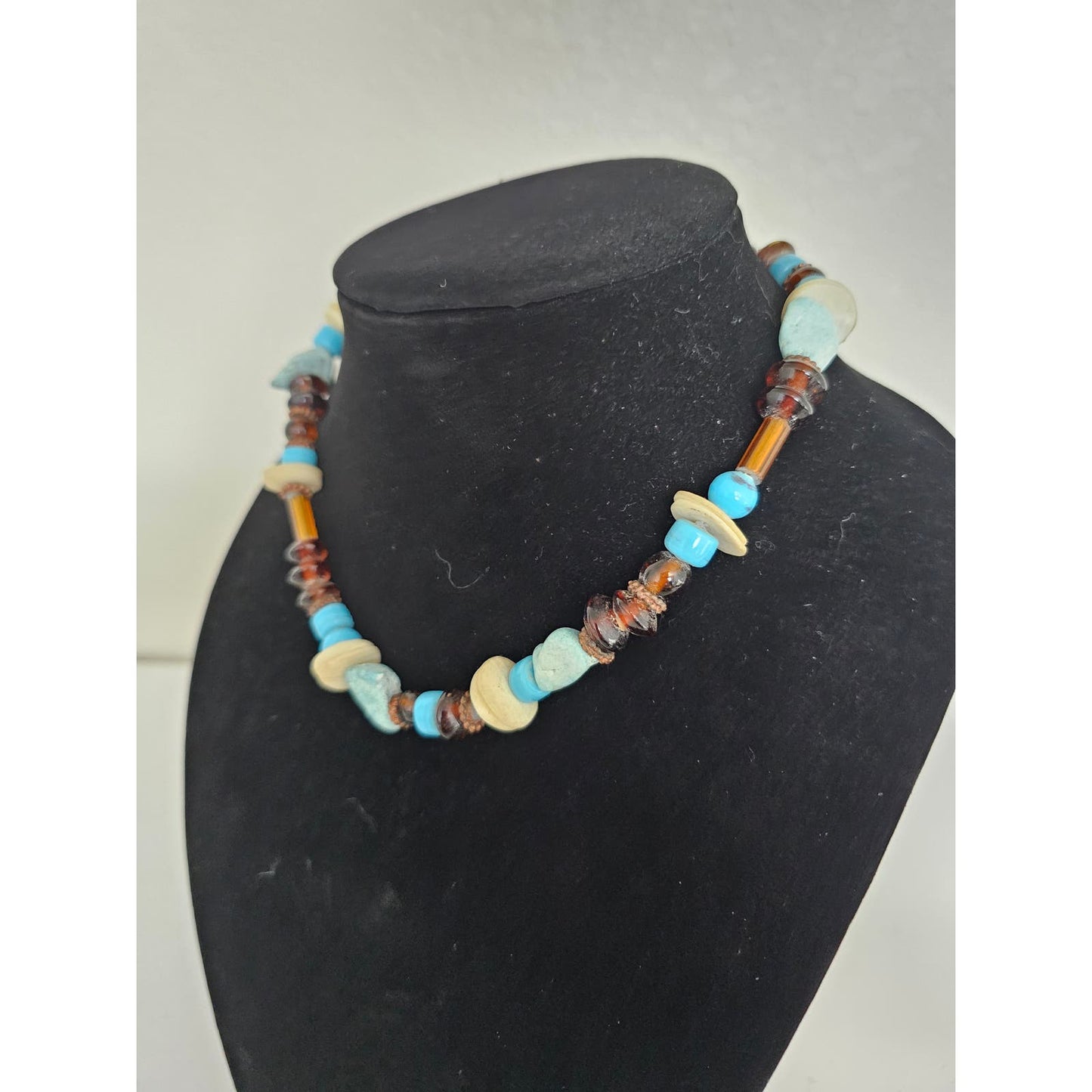 Vintage Mixed Media Single Strand Necklace Glass and Stone Brown Blue