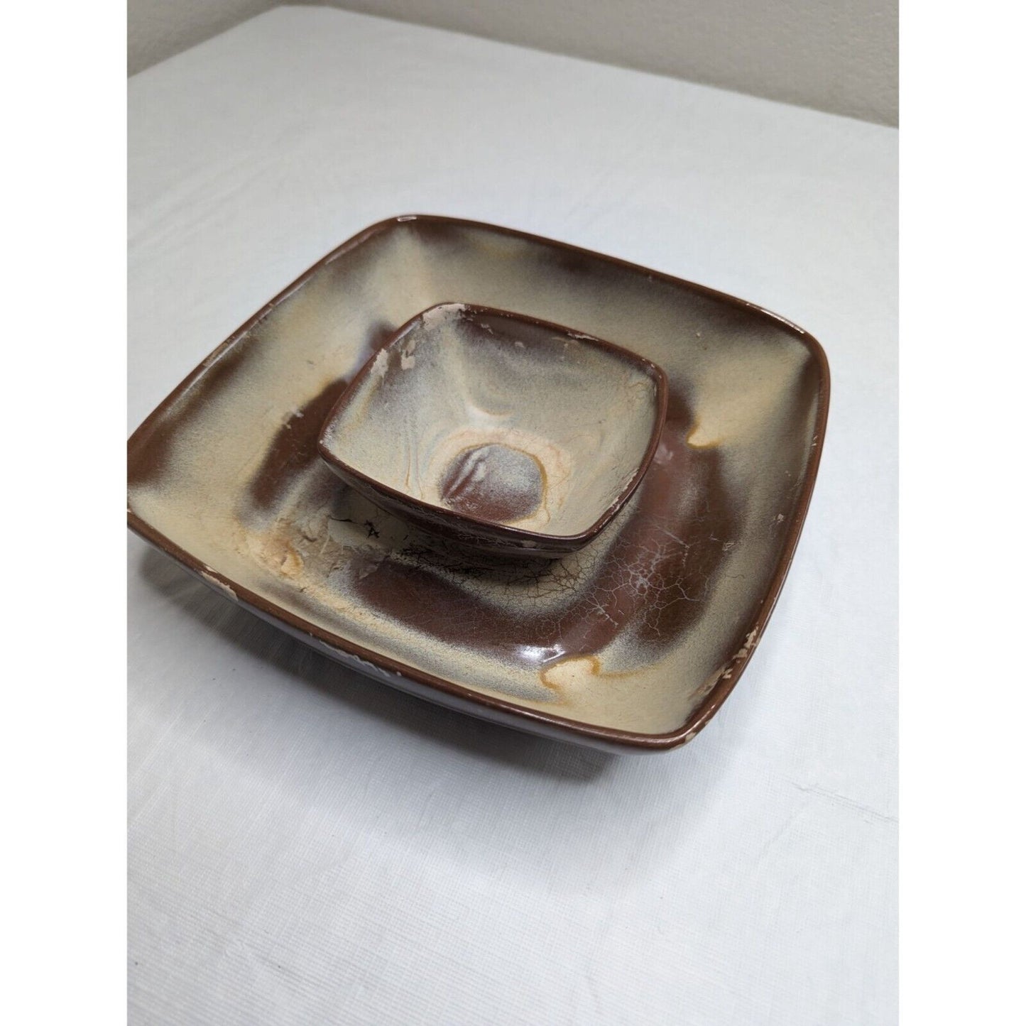 Vintage Frankoma Pottery #5NS Chip and Dip Platter, Brown Satin