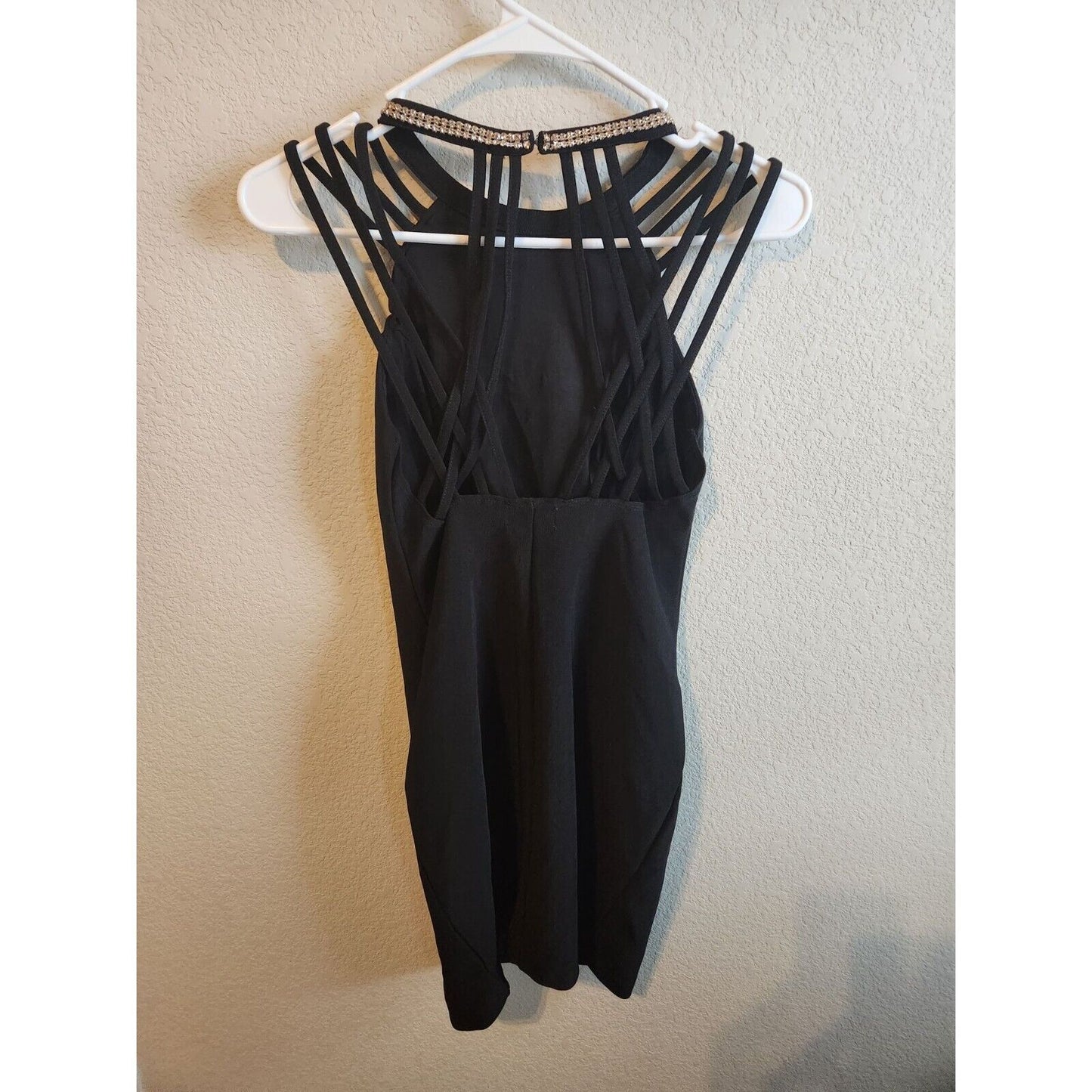 Vintage Emerald Sundae Womens Sz S Mini Dress Black Strappy Rhinestones