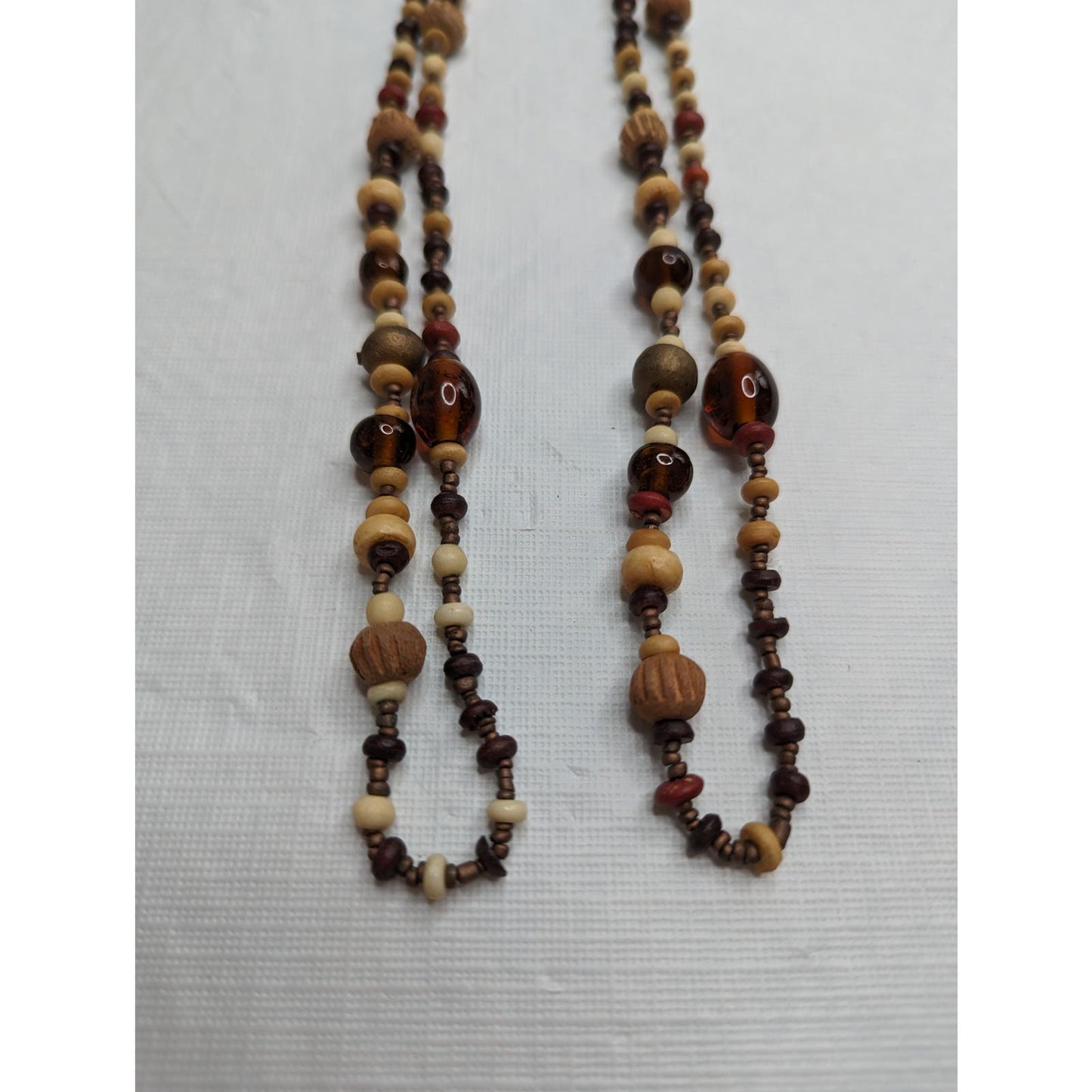 Mid Century Long Single Strand Beaded Necklace Neutral Colors Mixed Media