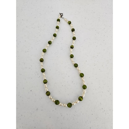 Mid Century Single Strand Round Beaded Necklace Freshwater Pearl Avocado Green