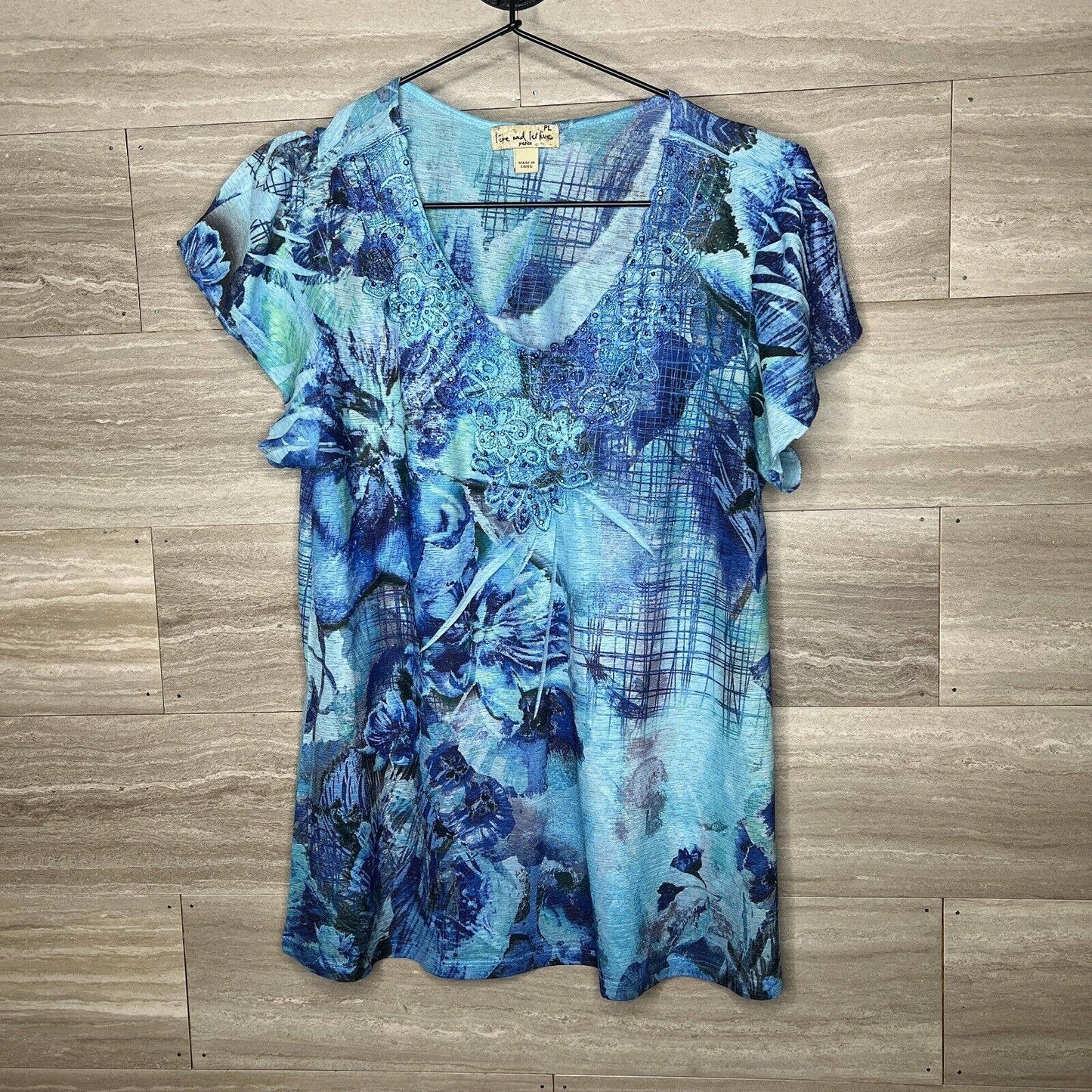 Live & Let Live Womens Petite PL Short Sleeve Cotton Blouse Blue Career Shirt