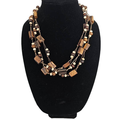 Vintage Mid Century Brown Wood Wooden Multi Strand Beaded Necklace