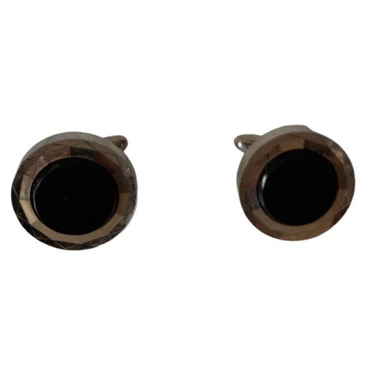 Vintage Pair of 1990s Mens Silvertone and Black stone Round Cufflinks