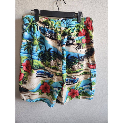 Big Dogs Mens Sz L Swim Trunks Swimsuit Hawaiian Muscle Car Print