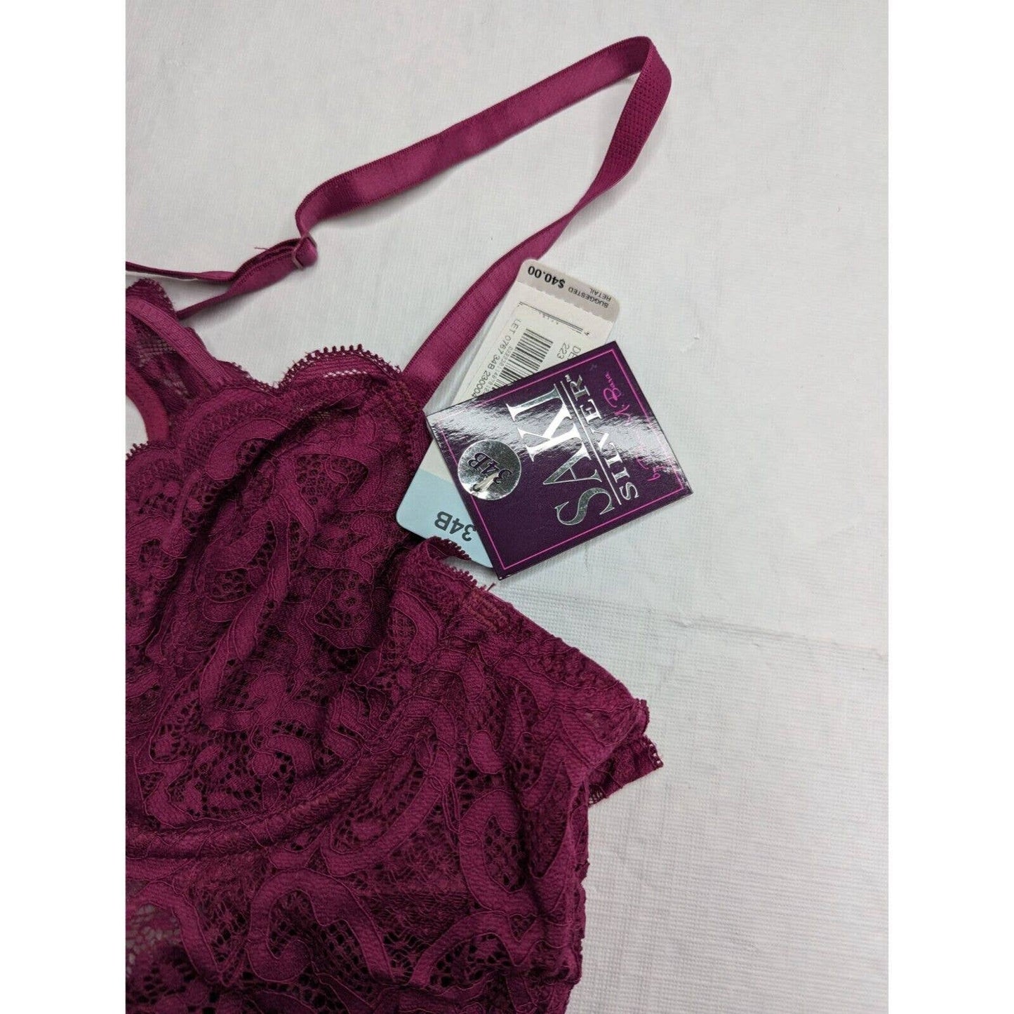 SAKI Silver Burgundy Lace Push-up Halter Neck Keyhole Bralette Size 34B