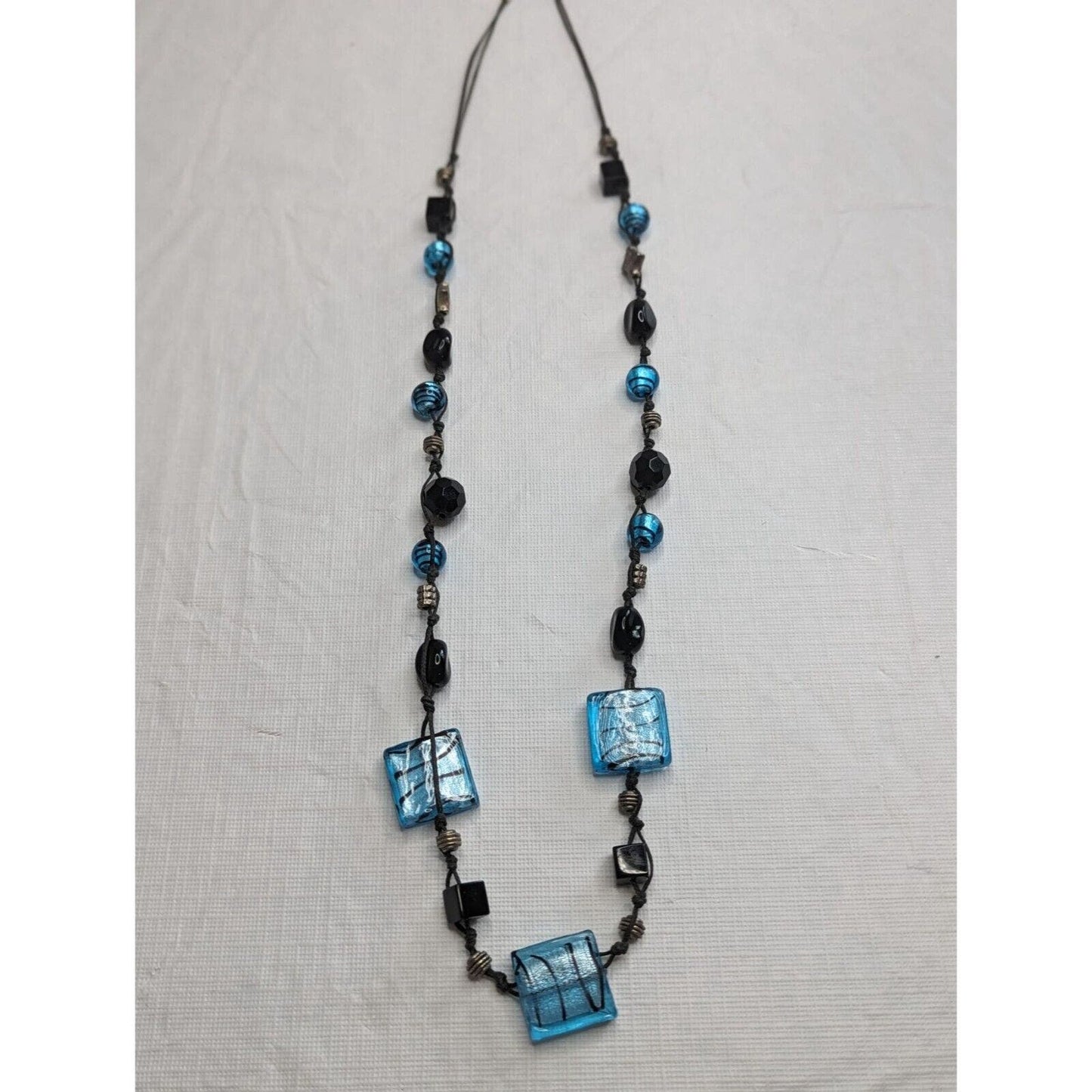 Vintage Blue and Black Glass Art Deco Beaded Necklace 1970s