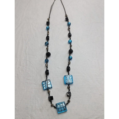 Vintage Blue and Black Glass Art Deco Beaded Necklace 1970s