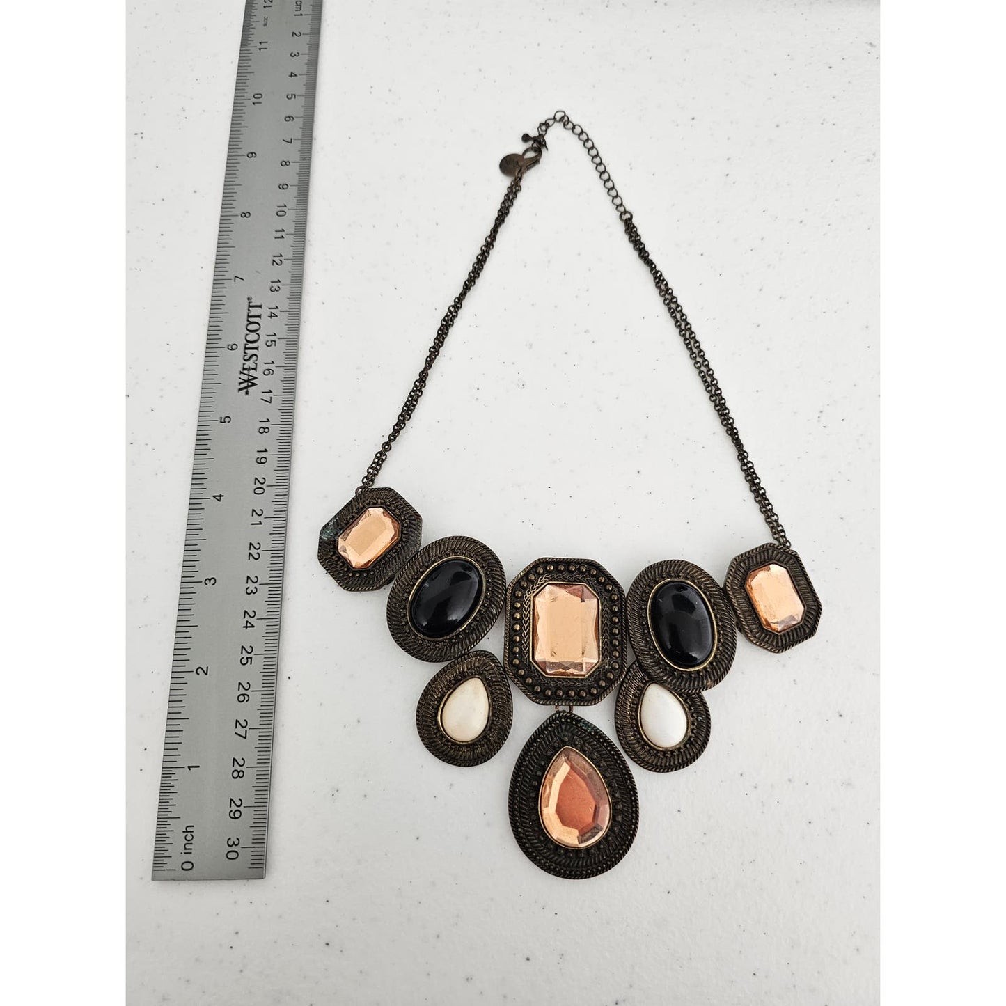 Vintage Mid Century Bib Style Inlay Stone and Bronze Necklace