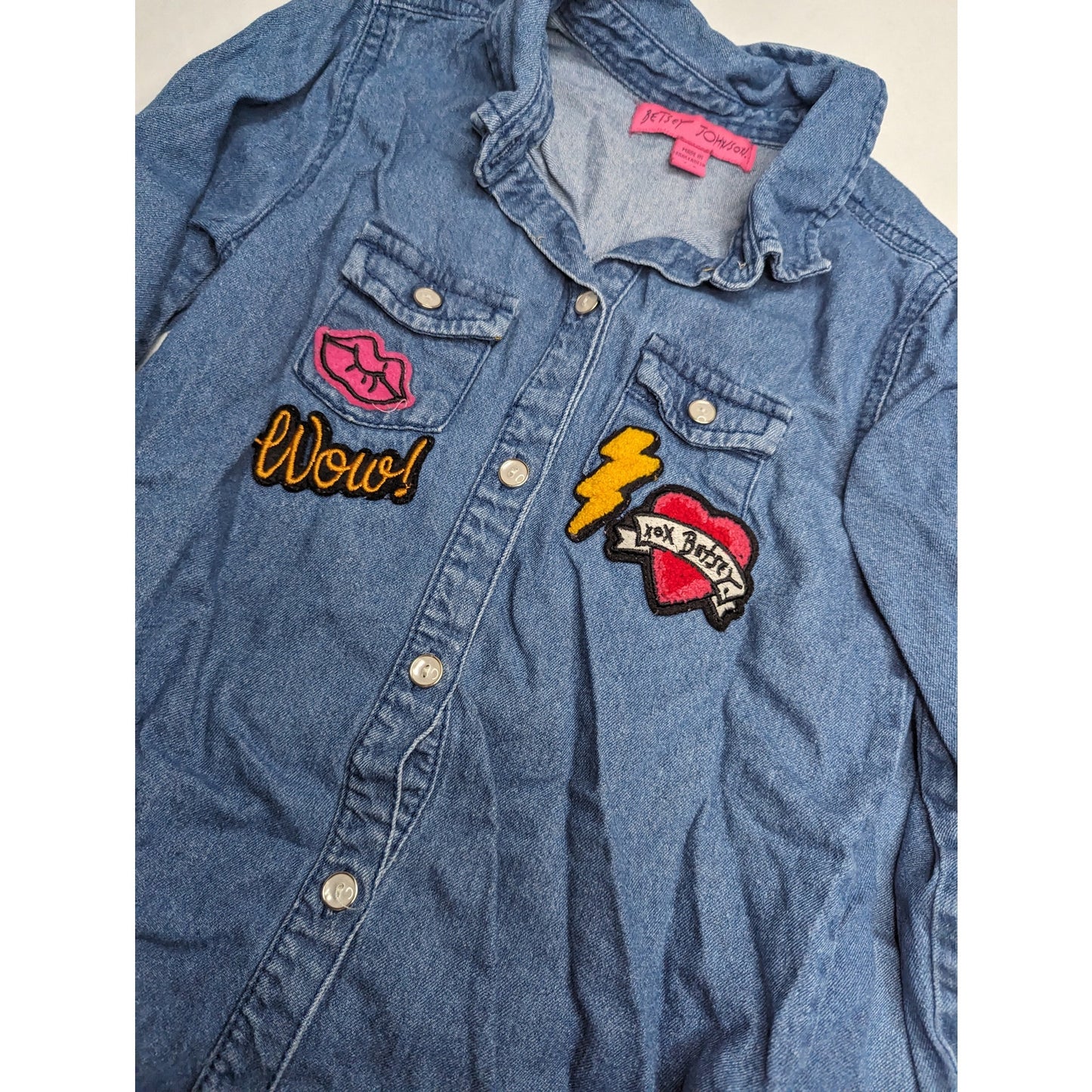 Betsey Johnson Girls Sz 7/8 M Button Down Blue Kean Denim Shirt Multi Patch