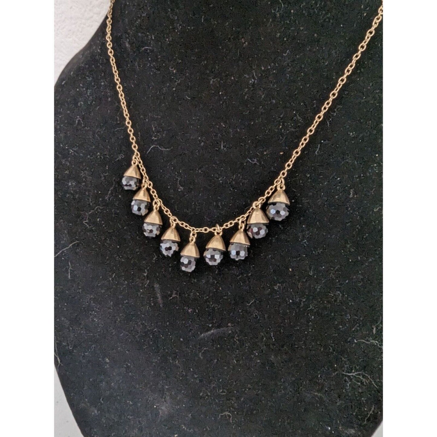 Womens Gold Tone Chain necklace w/ Black Teardrop Disco Rhinestones