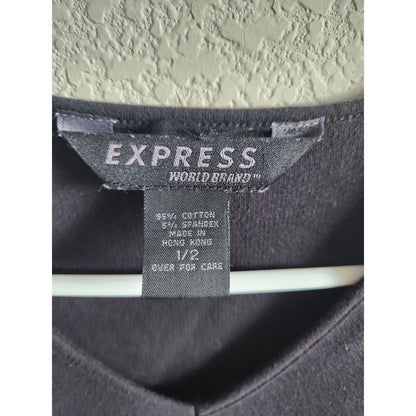 Vintage 1990s Express Womens Sz 2 Knee Length Cotton Shirt Dress Solid Black