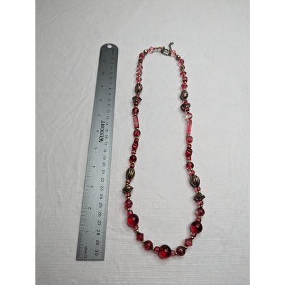 Vintage Mid Century Womens Single Strand Glass Beaded Necklace Red Gold