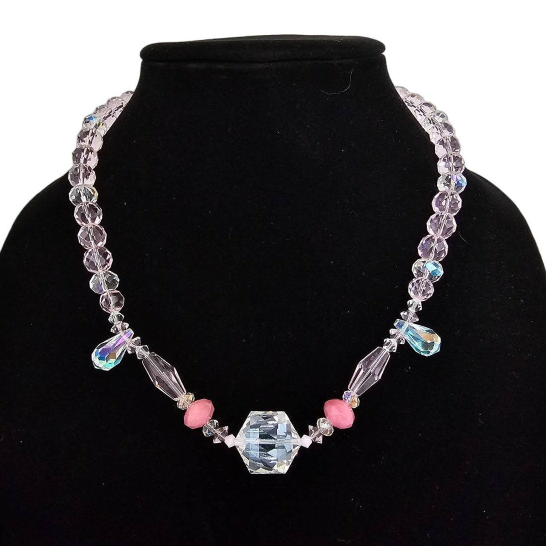 Vintage Y2K Womens Single Strand Necklace Clear Rhinestone Pink Preppy