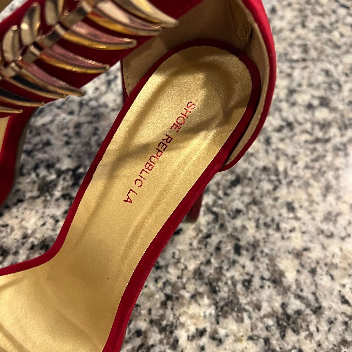 Shoe Republic LA Womens Sz 10 Red and Gold Trim High Heel Sandals Y2K Drag