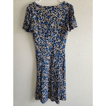 Chaps Womens Sz M Short Sleeve Midi Dress Blue Black Tan Dots