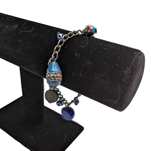 Vintage 1970s Silver Chain Charm Bracelet Multi Media Blue