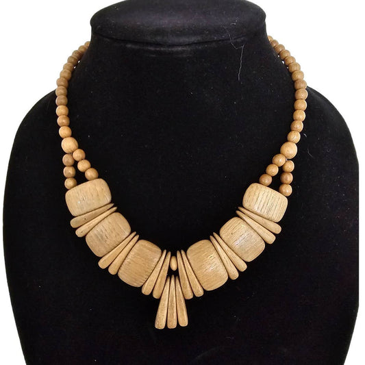 Vintage 1970s Mod Light Beige Wood Wooden Statement Piece Necklace Art Deco