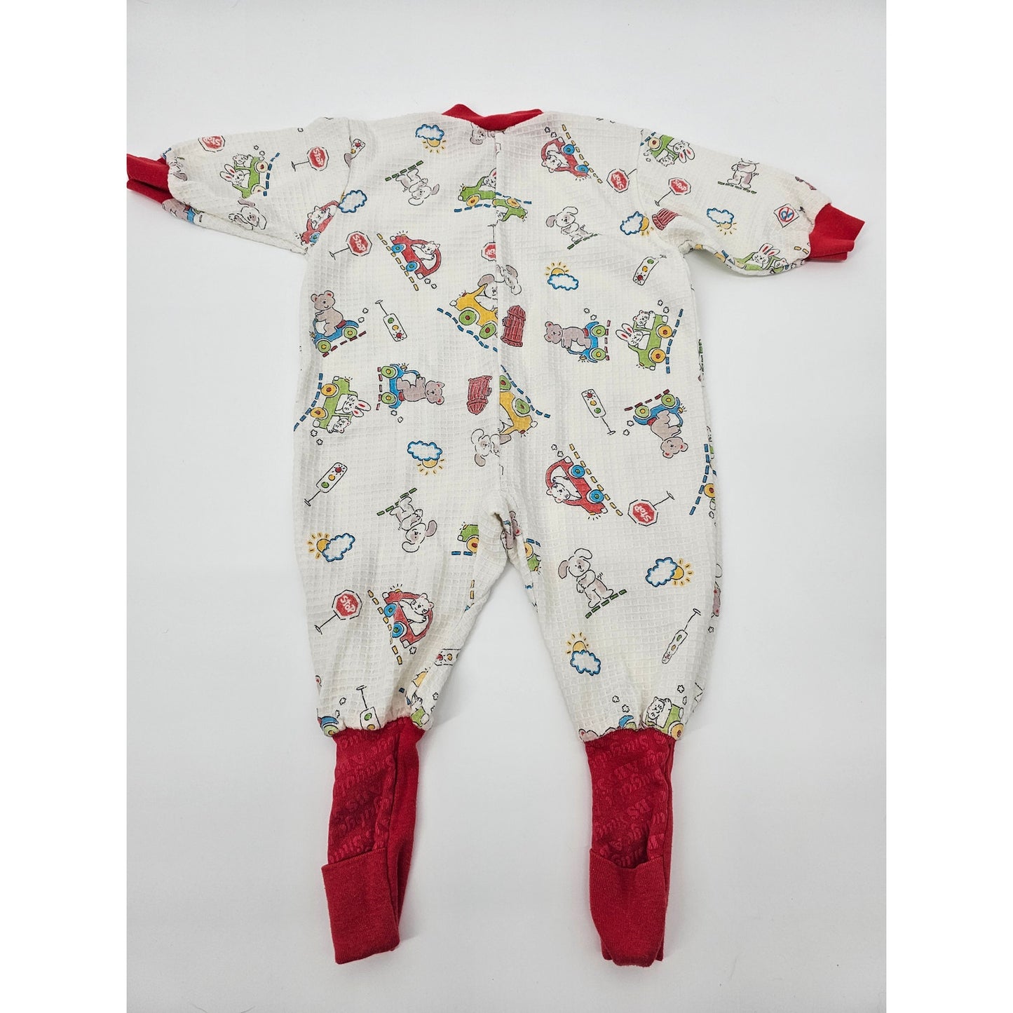 Vintage 1980s Baby Boys Sz 12M Waffle Knit One Piece Pajama Snugabye Cars