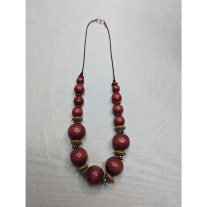 Vintage 1990s Graduated Round Wooden Beaded necklace Red Beige