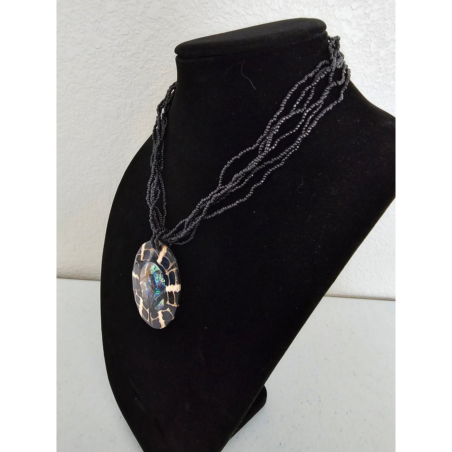 Vintage 1990s Statement Piece Multi Strand Pendant Necklac Black Mother of Pearl