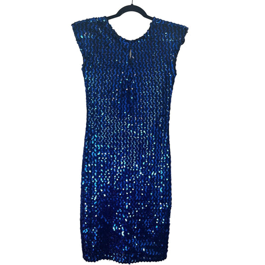 Vintage 1980s Womens Sz M Blue Full Sequin Knee Length Dress Low Back