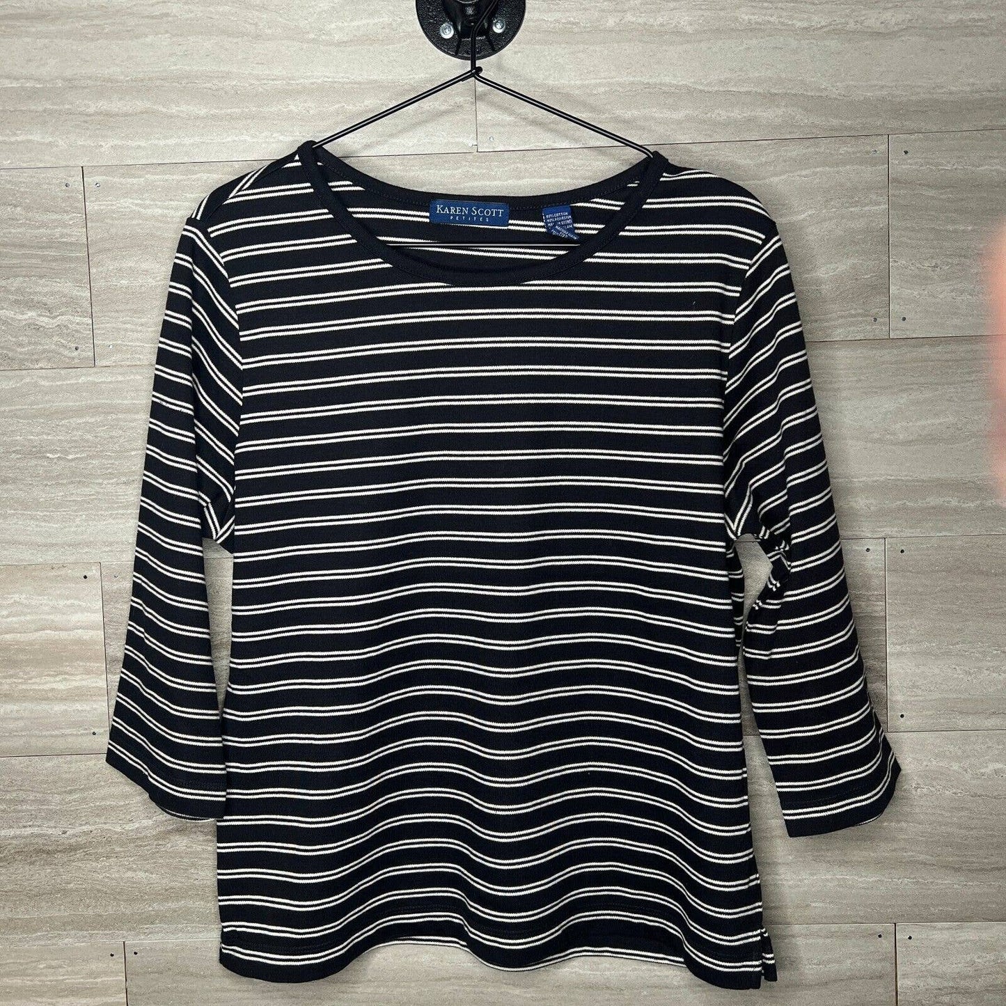 Karen Scott Petites Womens Sz PL Black White Striped Long Sleeve Knit Top