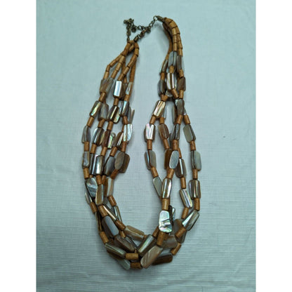 Vintage Multi Layered Beaded Necklace Beige Brown Mother of Pearl