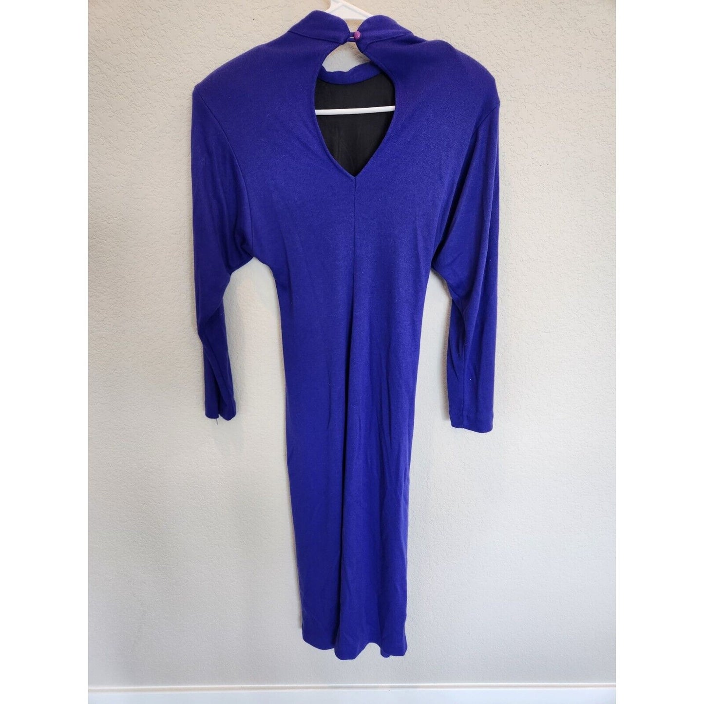 Vintage 1980s Womens Sz S Midi Sweater Dress Long Sleeve Blue Keyhole Back