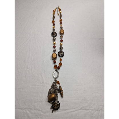 Vintage Mid Century Single Strand Pendant Beaded Necklace Aztec Stones