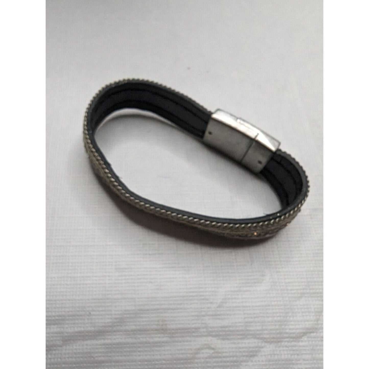 Vintage Leather and Rhinestone Bangle Cuff Bracelet Magnetic Closure Boho