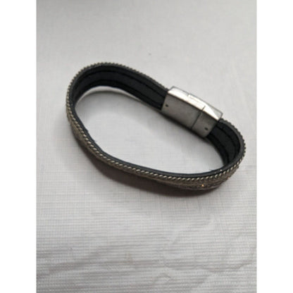 Vintage Leather and Rhinestone Bangle Cuff Bracelet Magnetic Closure Boho