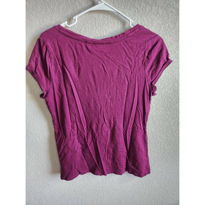 Elle Womens Sz M Dark Purple Ruffled Front T Shirt Short Sleeve