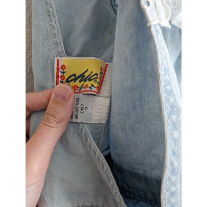 Vintage 1990s Girls Sz 14 Shortalls Overalls Blue Chambray Lace Trim