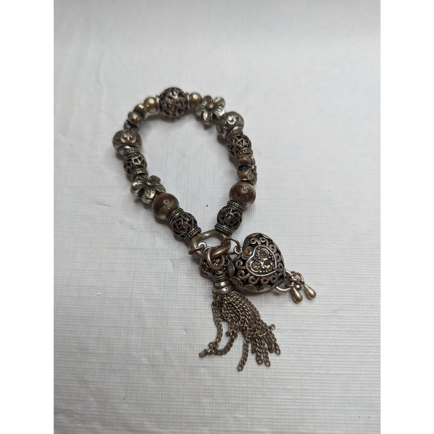 Vintage 1990s Y2K Silver Tone Beaded Charm Bracelet Heart Bangle