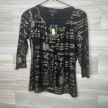 Investments Petites PM Womens Black and Gold Cotton V Neck Shirt Blouse NEW